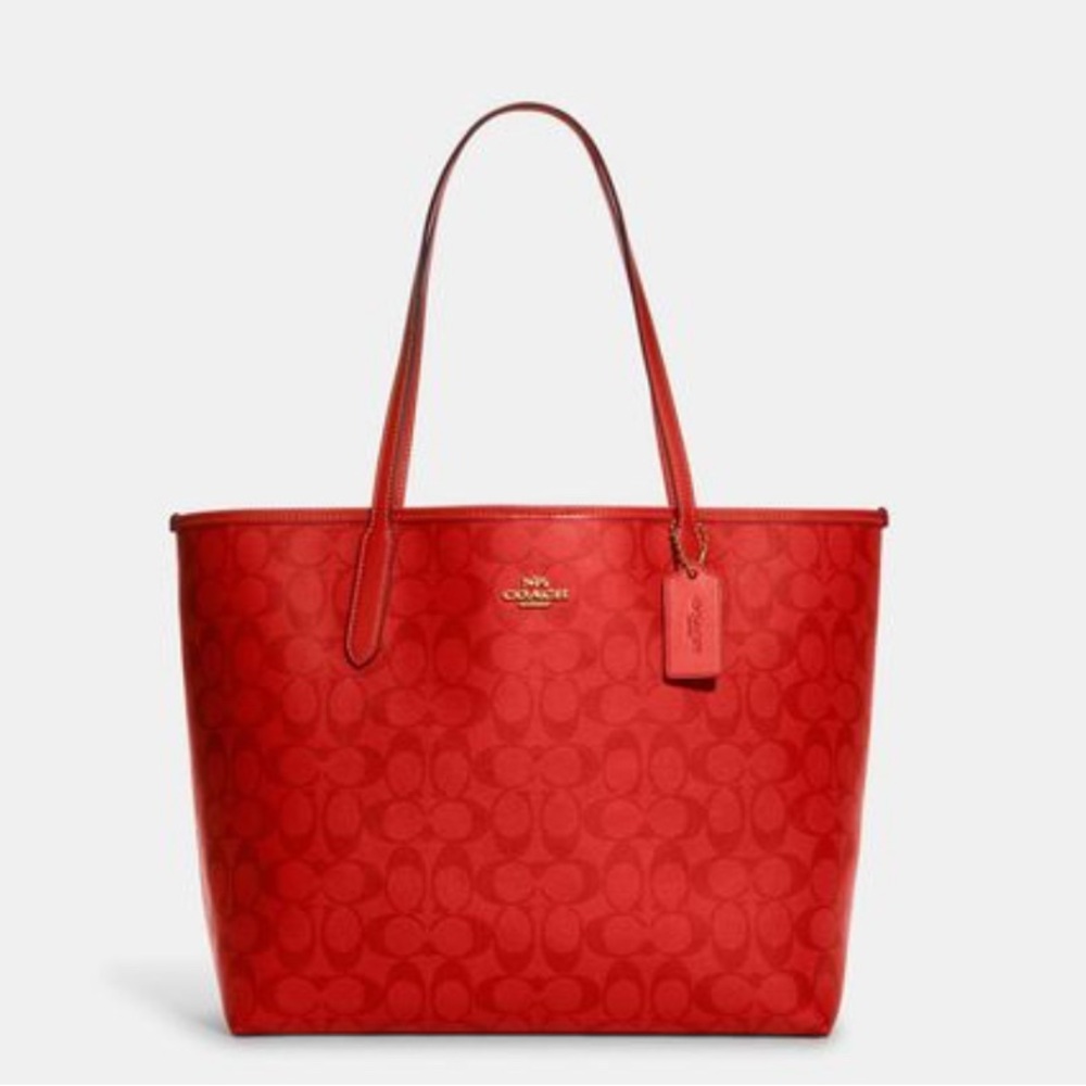 Coach Red City Tote In Blocked Signature Canvas
